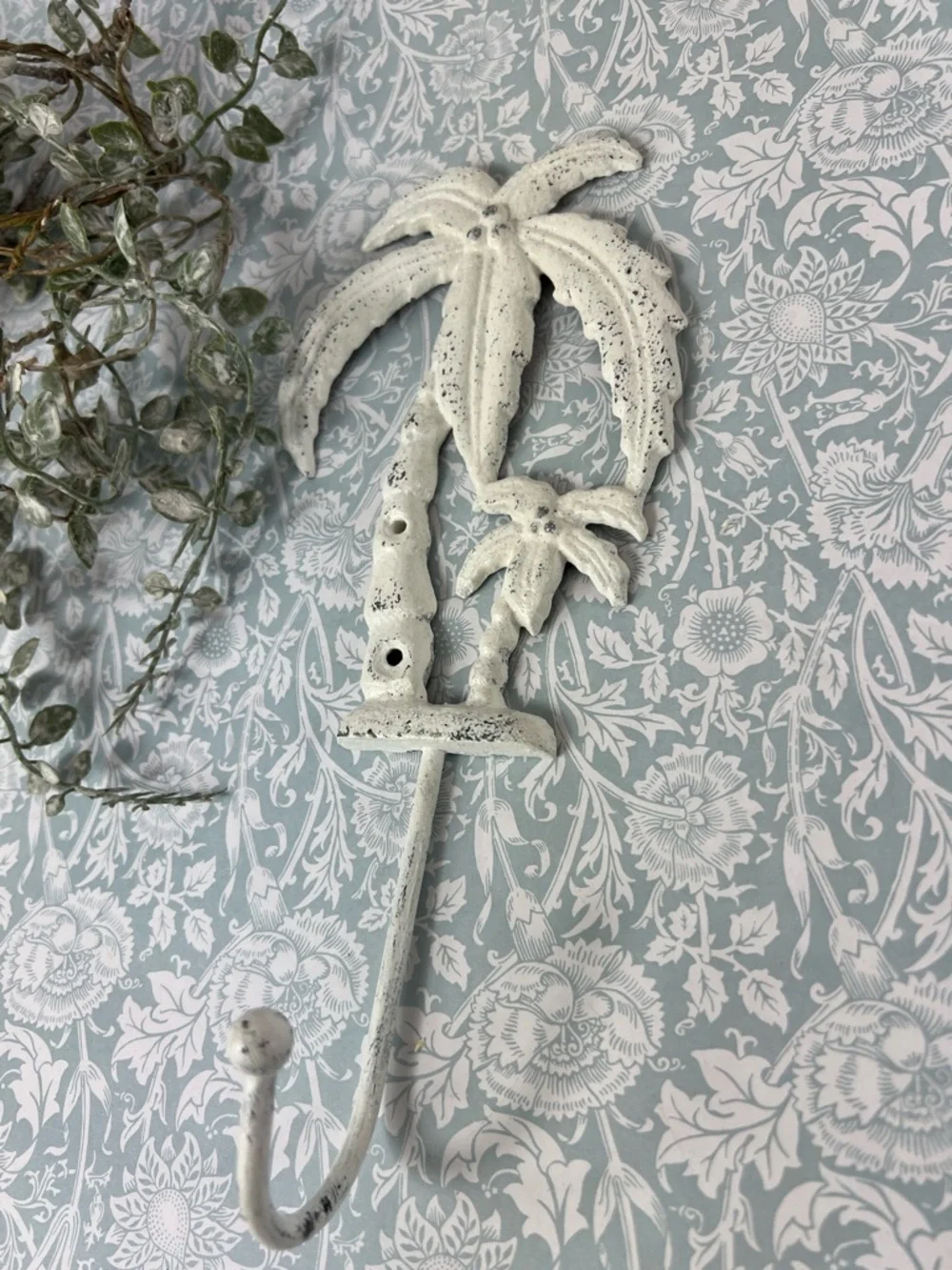 Palm Tree Wall Hook Hand Painted White Distressed Metal Coastal Home Decor